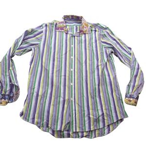 Etro Milano Mens 45 Striped Button Down Shirt Purple Green Paisley Italy